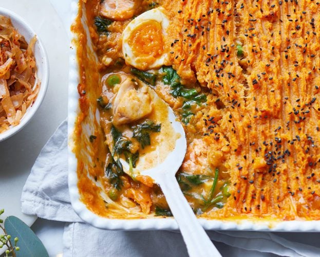 Gochujang fish pie with sweet potato and black sesame