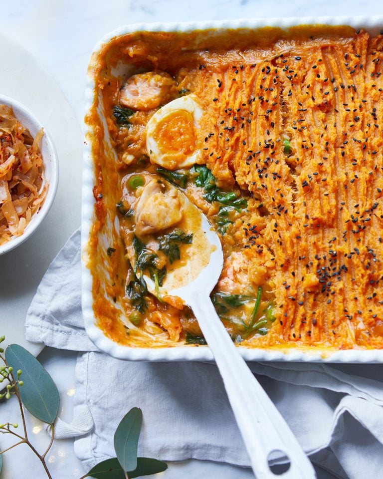 Gochujang fish pie with sweet potato and black sesame