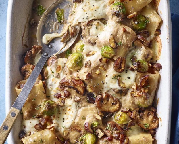 Creamy mushroom, sprout and chestnut pasta bake