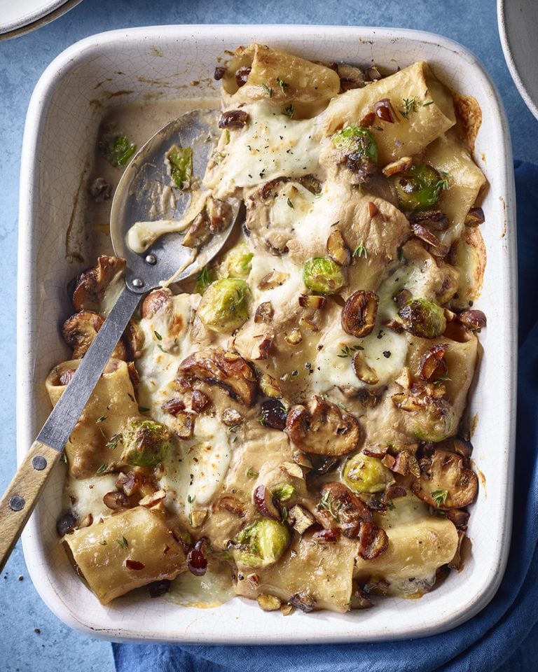 Creamy mushroom, sprout and chestnut pasta bake
