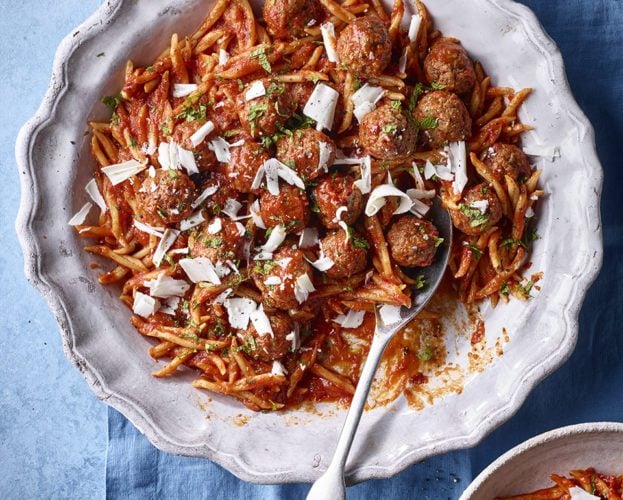 Lamb, mint and harissa meatballs with trofie and feta