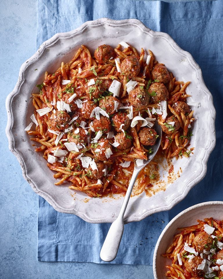 Lamb, mint and harissa meatballs with trofie and feta