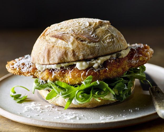 Pork schnitzel sandwiches with parmesan mayo