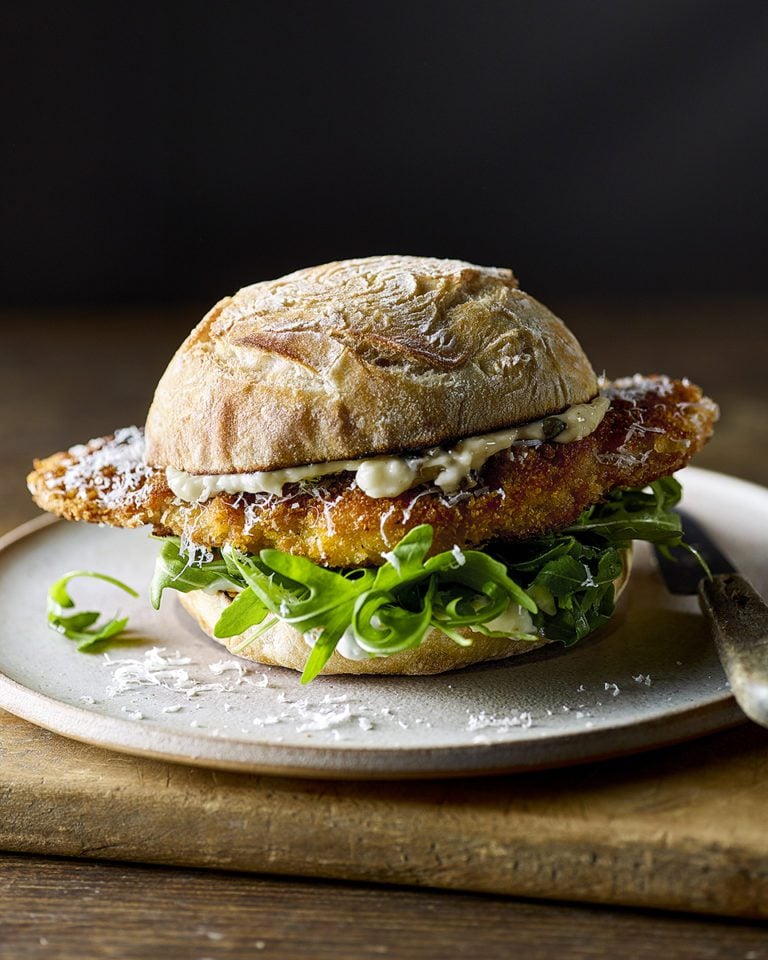 Pork schnitzel sandwiches with parmesan mayo