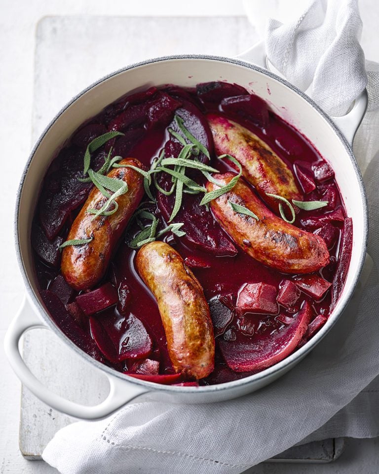 Sausage, beetroot and apple stew