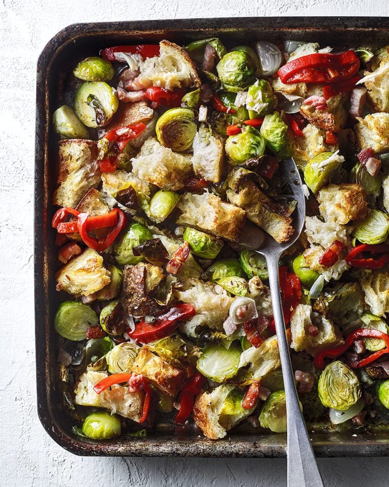 Sprout, bacon and red pepper panzanella