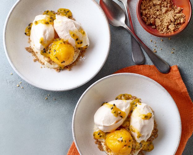 Snow eggs with almond crumb, mango sorbet and passion fruit