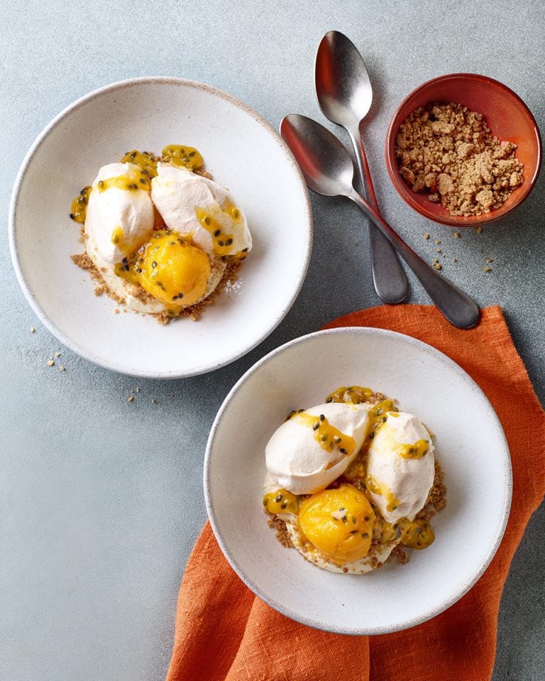 Snow eggs with almond crumb, mango sorbet and passion fruit