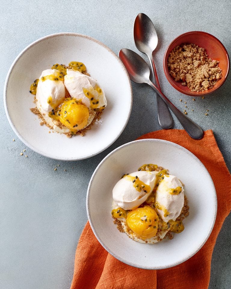 Snow Eggs With Almond Crumb Mango Sorbet And Passion Fruit snow-eggs-with-almond-crumb-mango-sorbet-and-passion-fruit