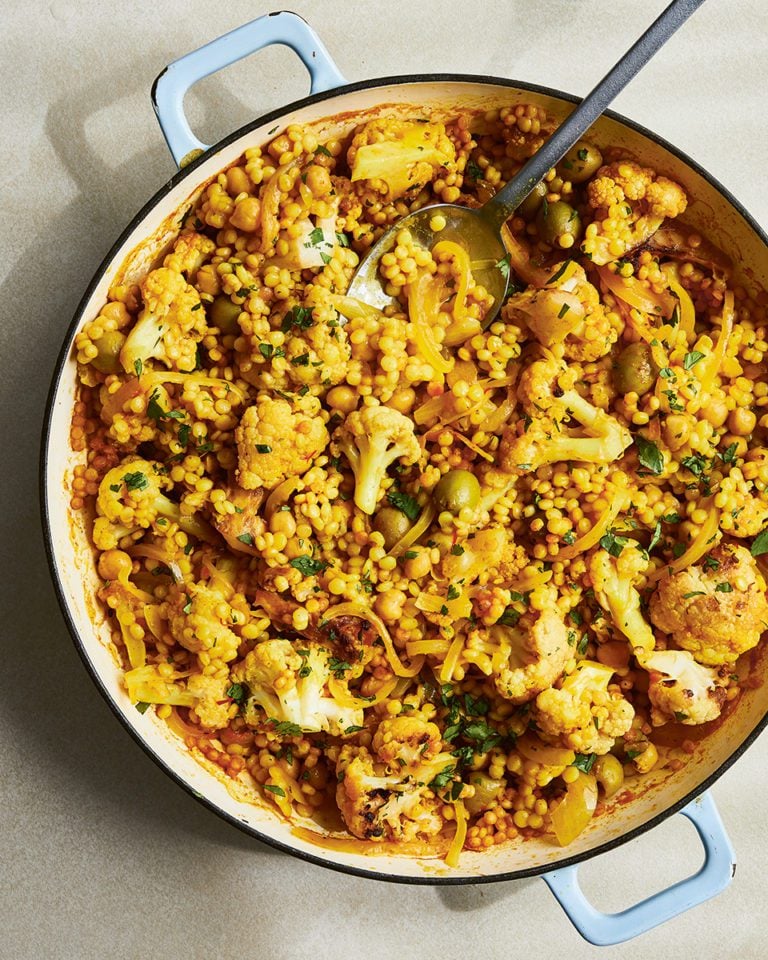 Cauliflower with olives, preserved lemons and giant couscous