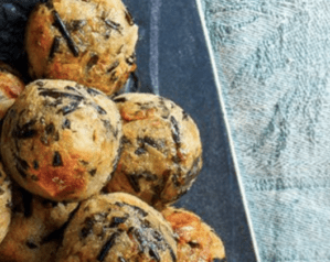 Close up image of stuffing balls on a serving platter