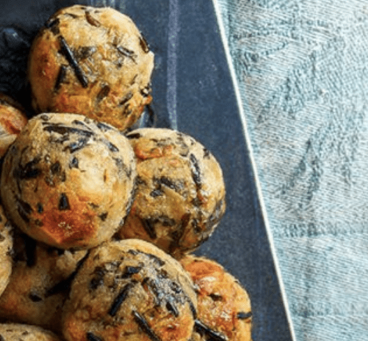 Close up image of stuffing balls on a serving platter