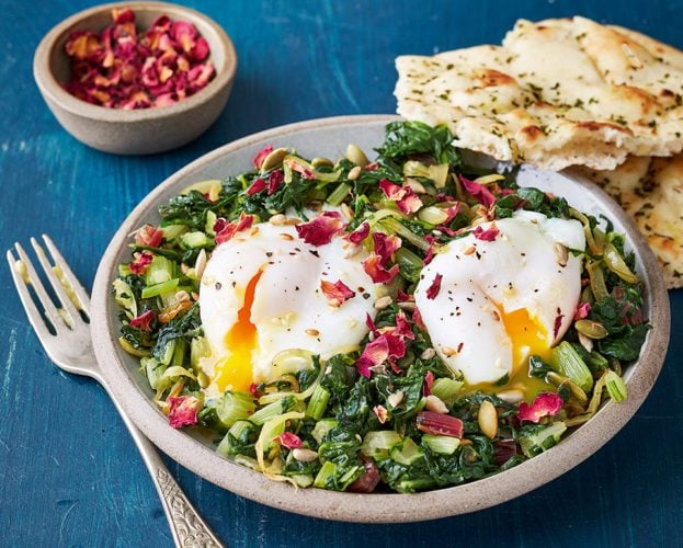 Kurdish poached eggs with swiss chard