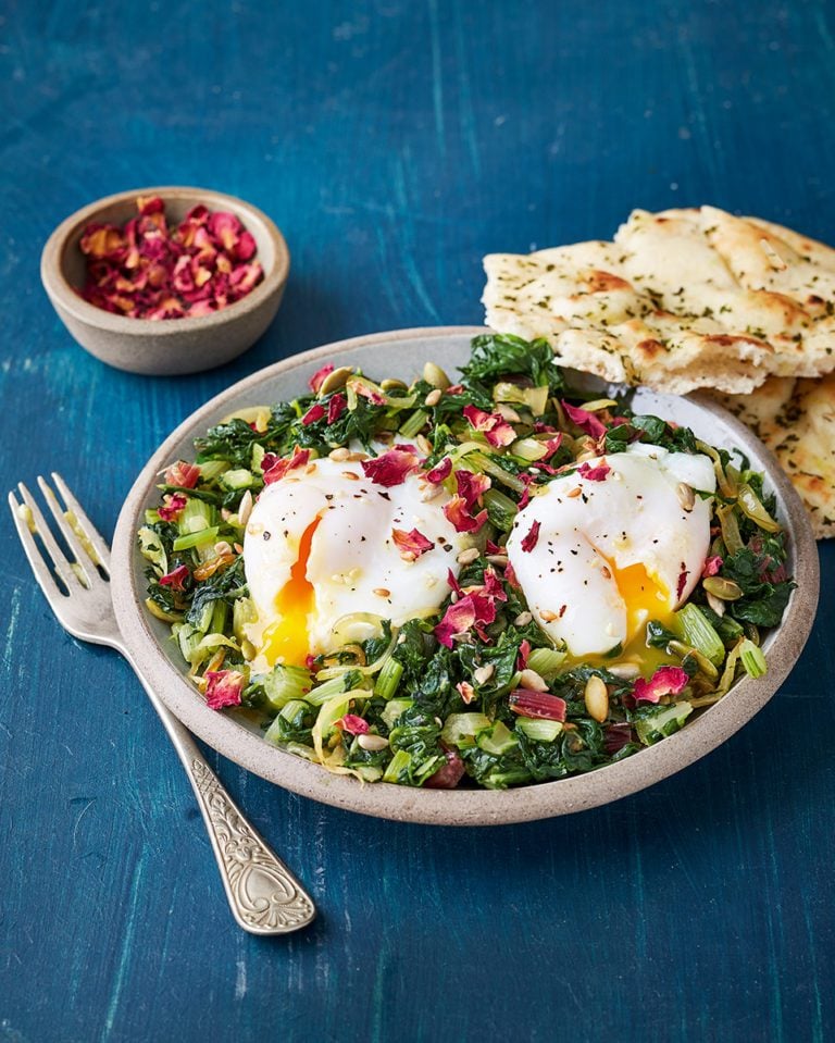 Kurdish poached eggs with swiss chard