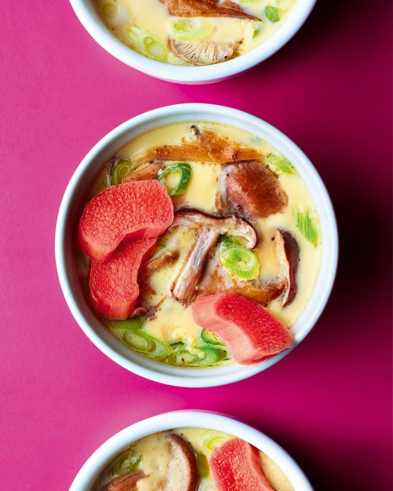 Savoury custard with mackerel and pickled rhubarb (chawanmushi)