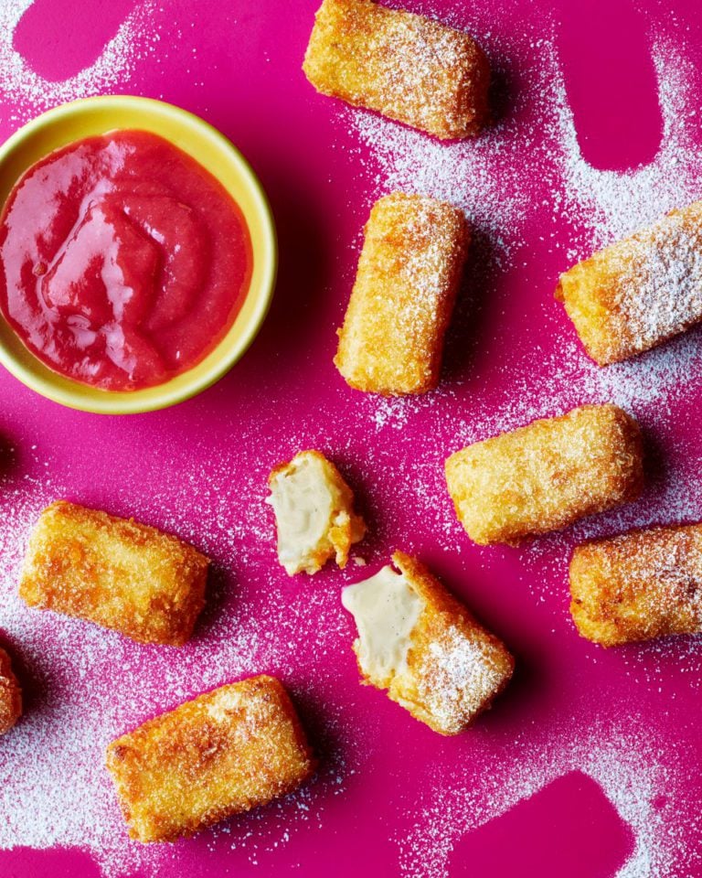 Deep-fried custard with rhubarb dipping sauce