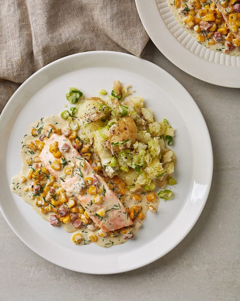 Salmon with bacon, sweetcorn and crushed potatoes