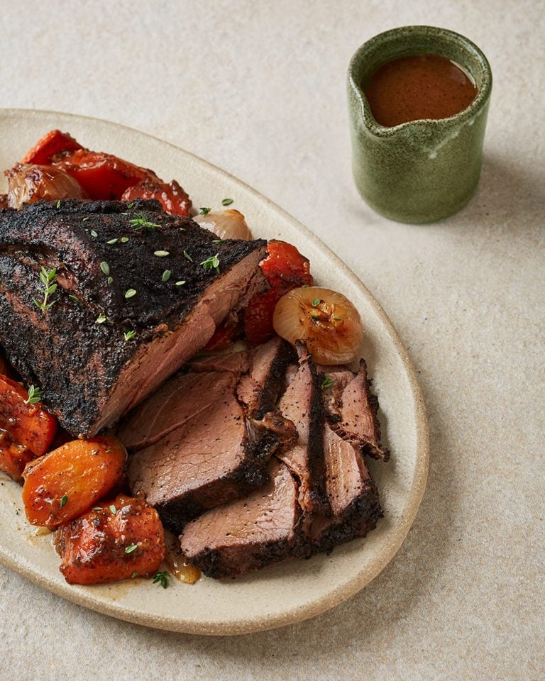 Coffee-marinated roast venison saddle