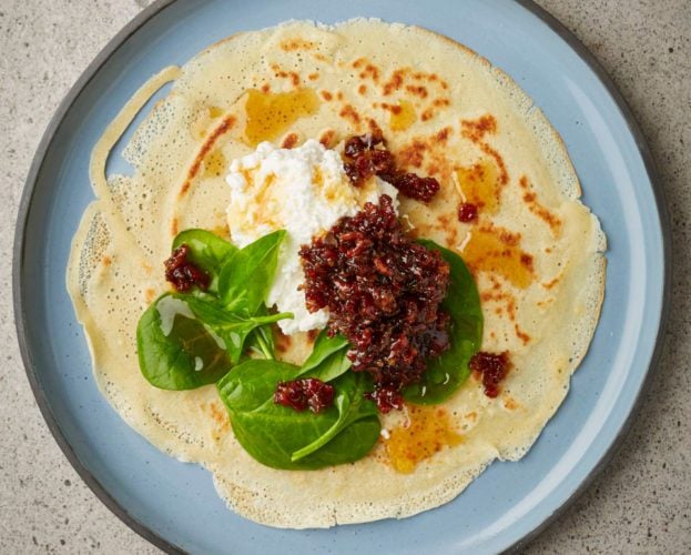 Bacon jam, spinach and ricotta pancakes