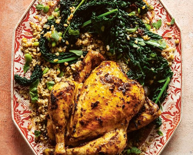 Pressure cooker pot-roast chicken with freekeh and greens