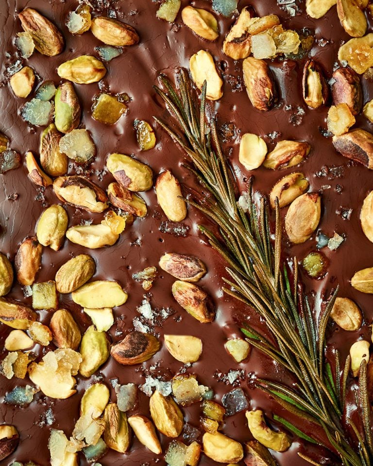 Dark chocolate bark with sea salt, rosemary, pistachios and candied citrus