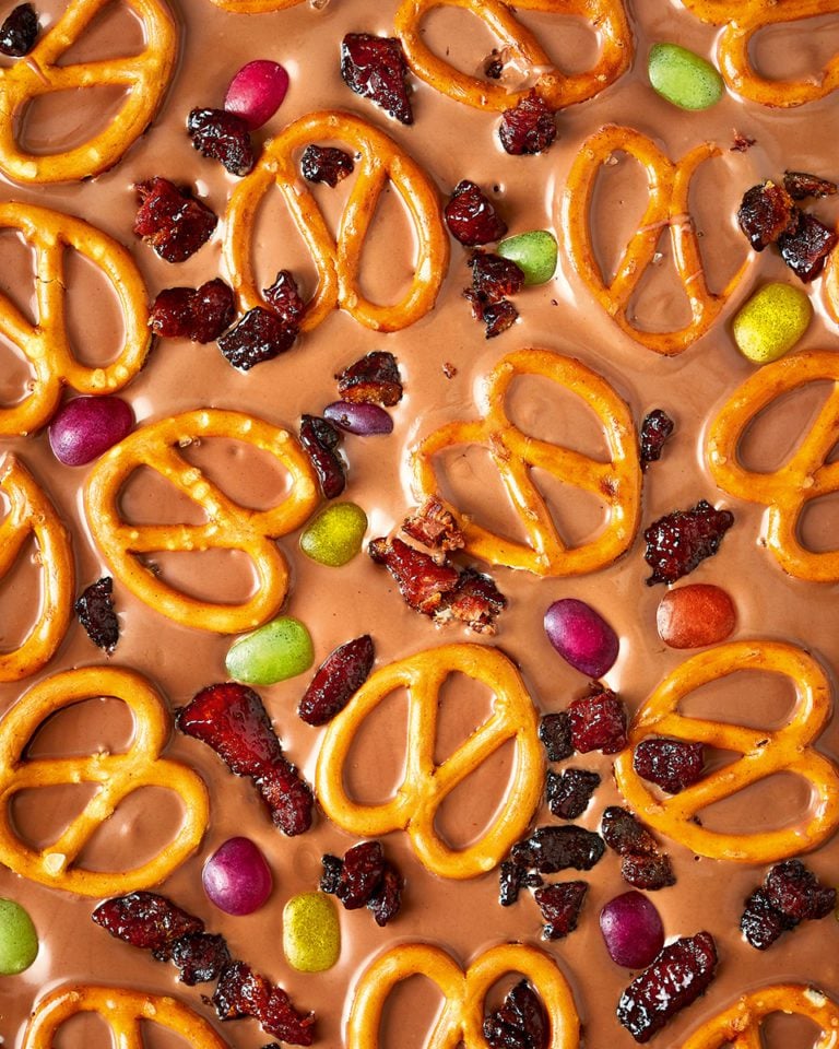 Milk chocolate bark with pretzels, candied bacon and jelly beans