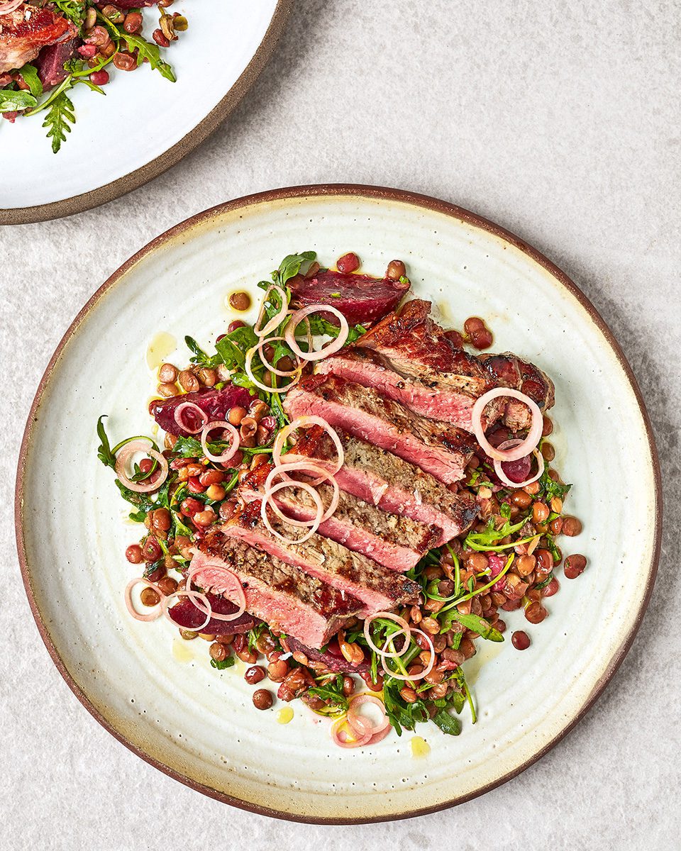 steak-with-lentils-beetroot-and-pickled-shallots