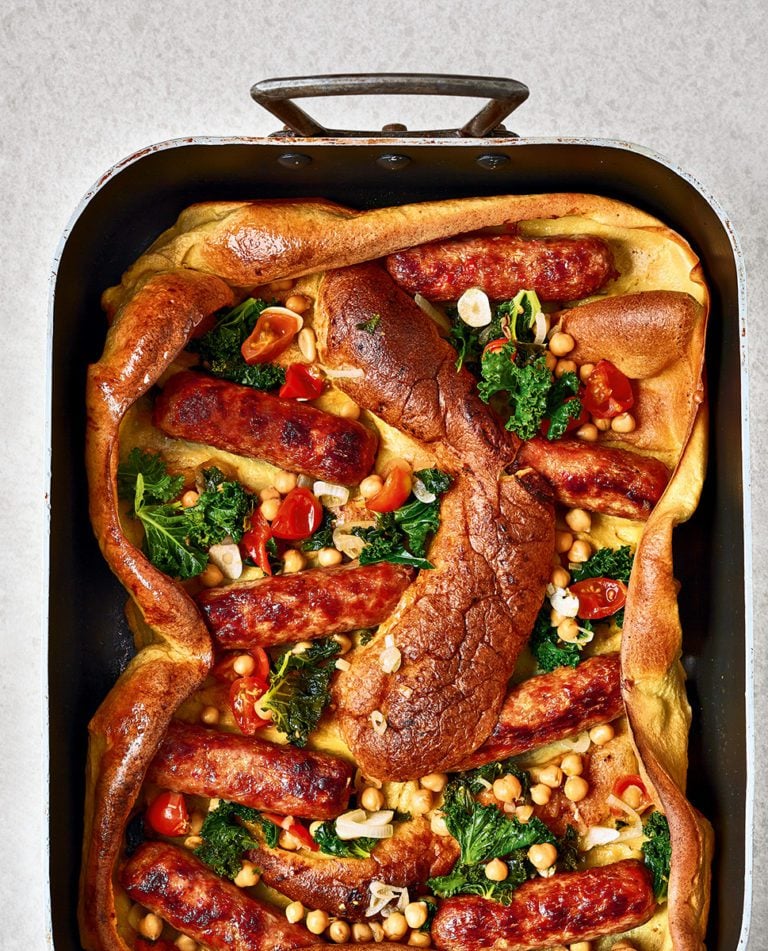 Chorizo toad in the hole with kale and chickpeas