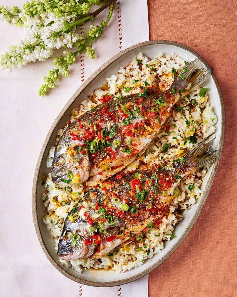 Sea bream with spring onion and brown butter rice