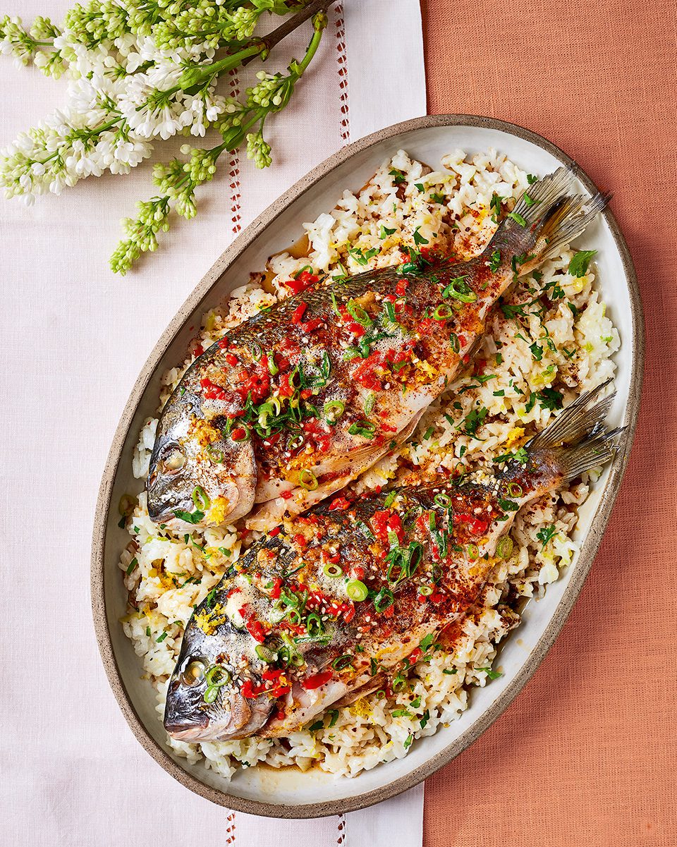 image of Sea Bream With Spring Onion and Brown Butter Rice recipe by Delicious Magazine