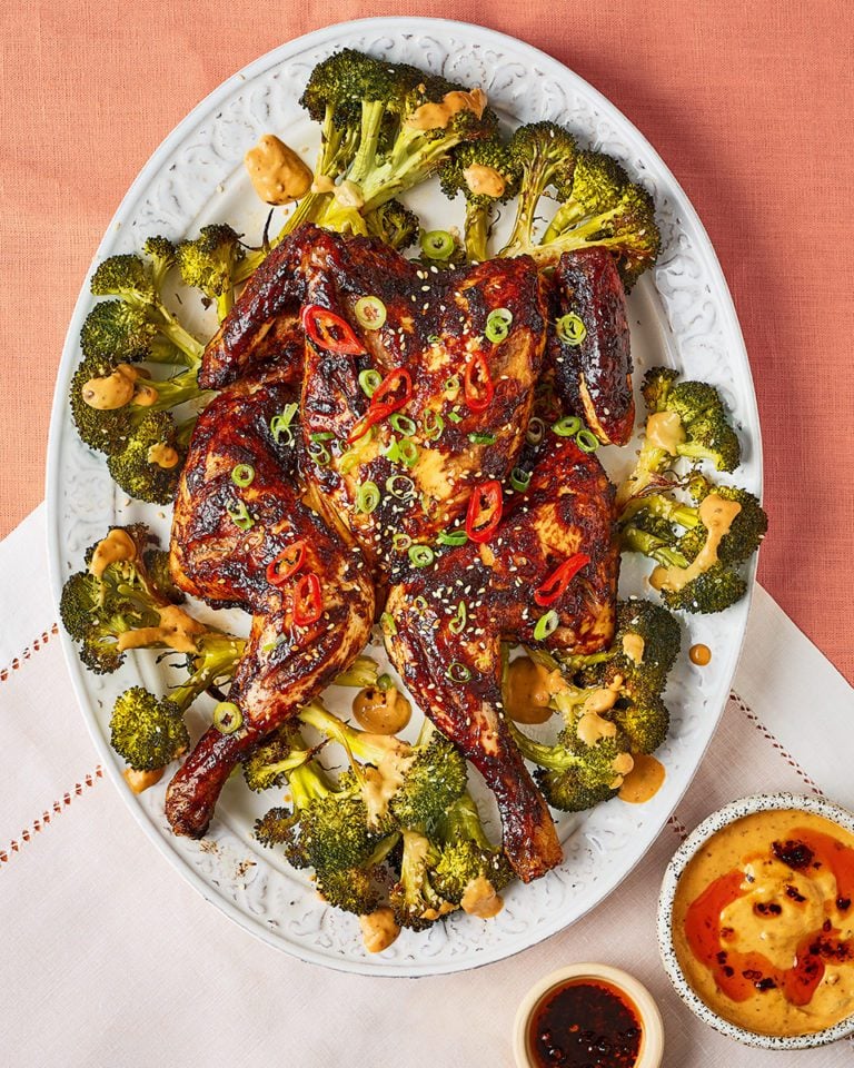 Ginger garlic chicken with broccoli and sesame chilli sauce