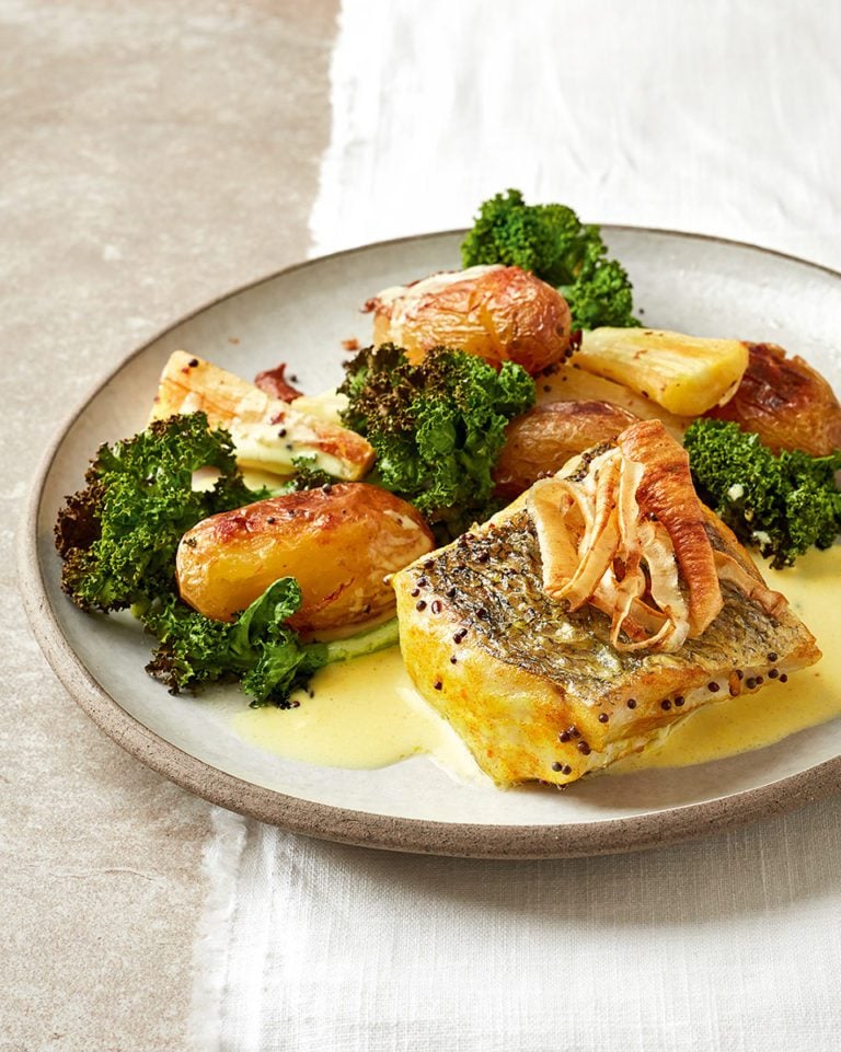 Turmeric-roasted hake with coconut sauce