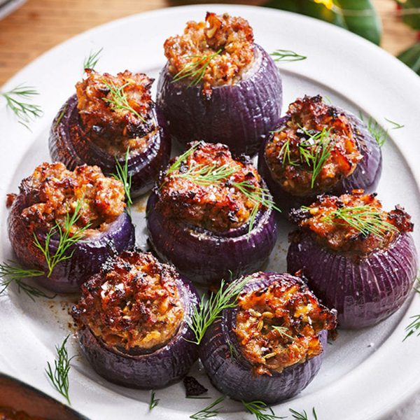 Pork stuffed red onions