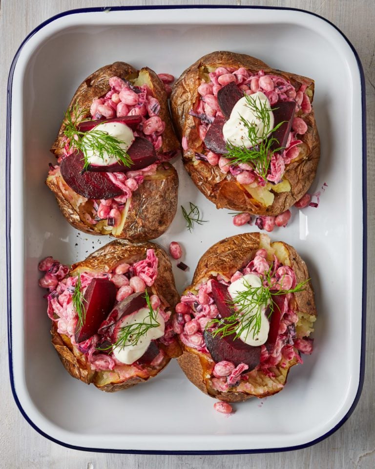 Beetroot baked potatoes with creamy white beans