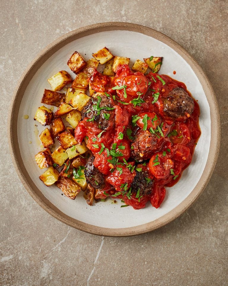 Air fryer meatballs with crispy potatoes