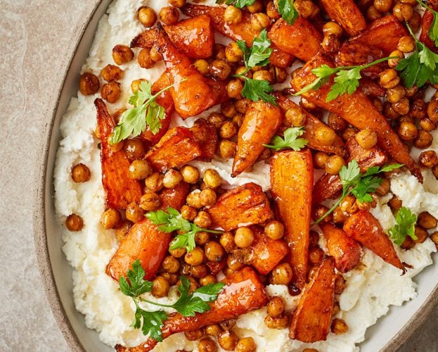 Air fryer carrots and chickpeas with ricotta