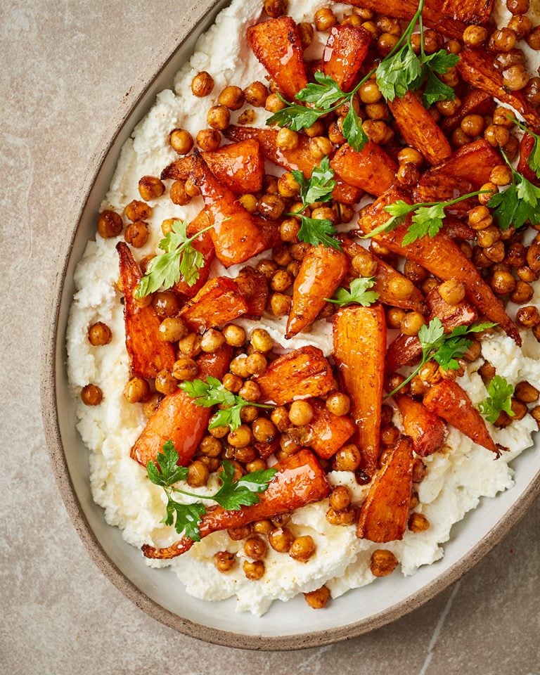 Air fryer carrots and chickpeas with ricotta