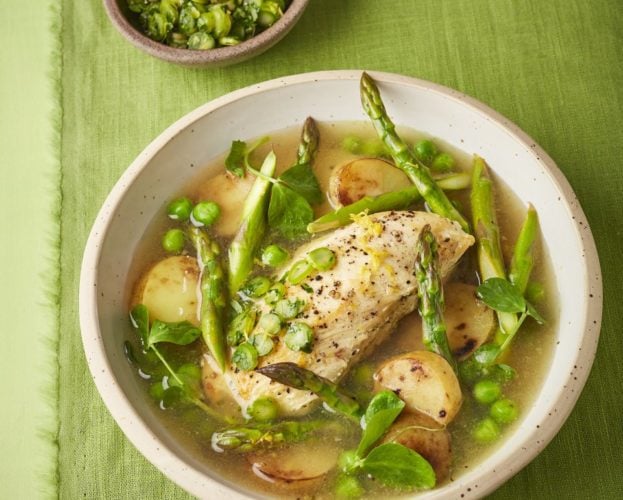 Chicken and asparagus broth with new potatoes