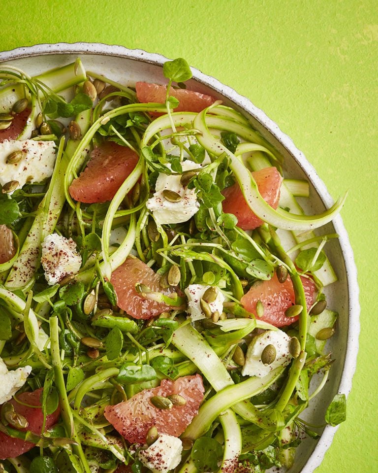 Asparagus and goat’s cheese salad with watercress and grapefruit