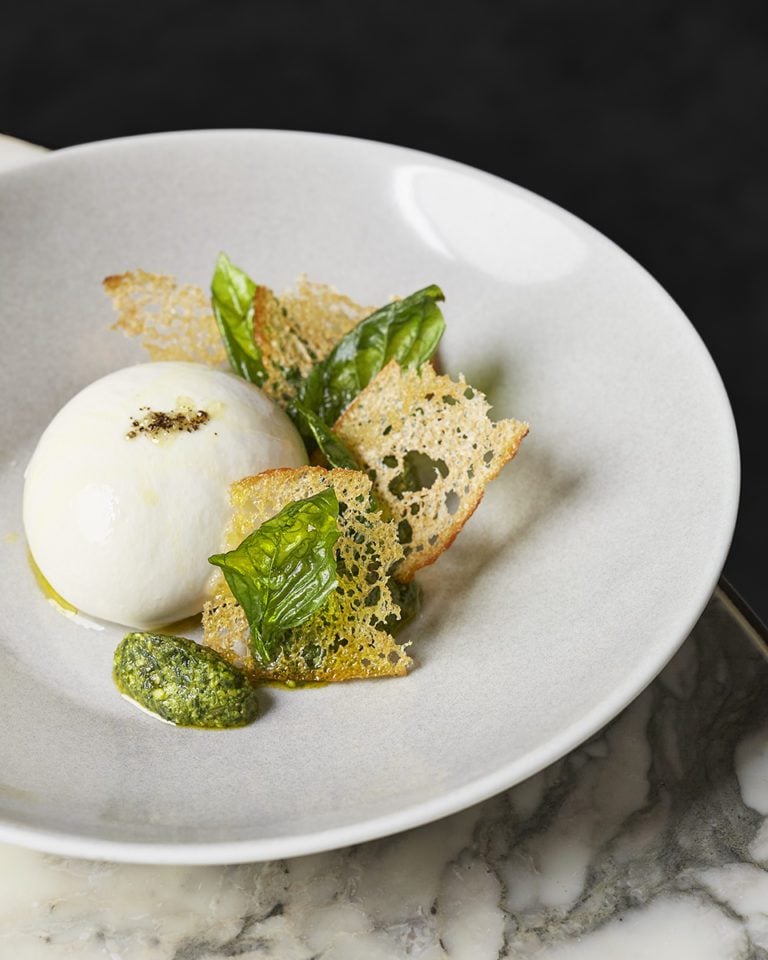 Burrata with croutons and nettle and basil pesto