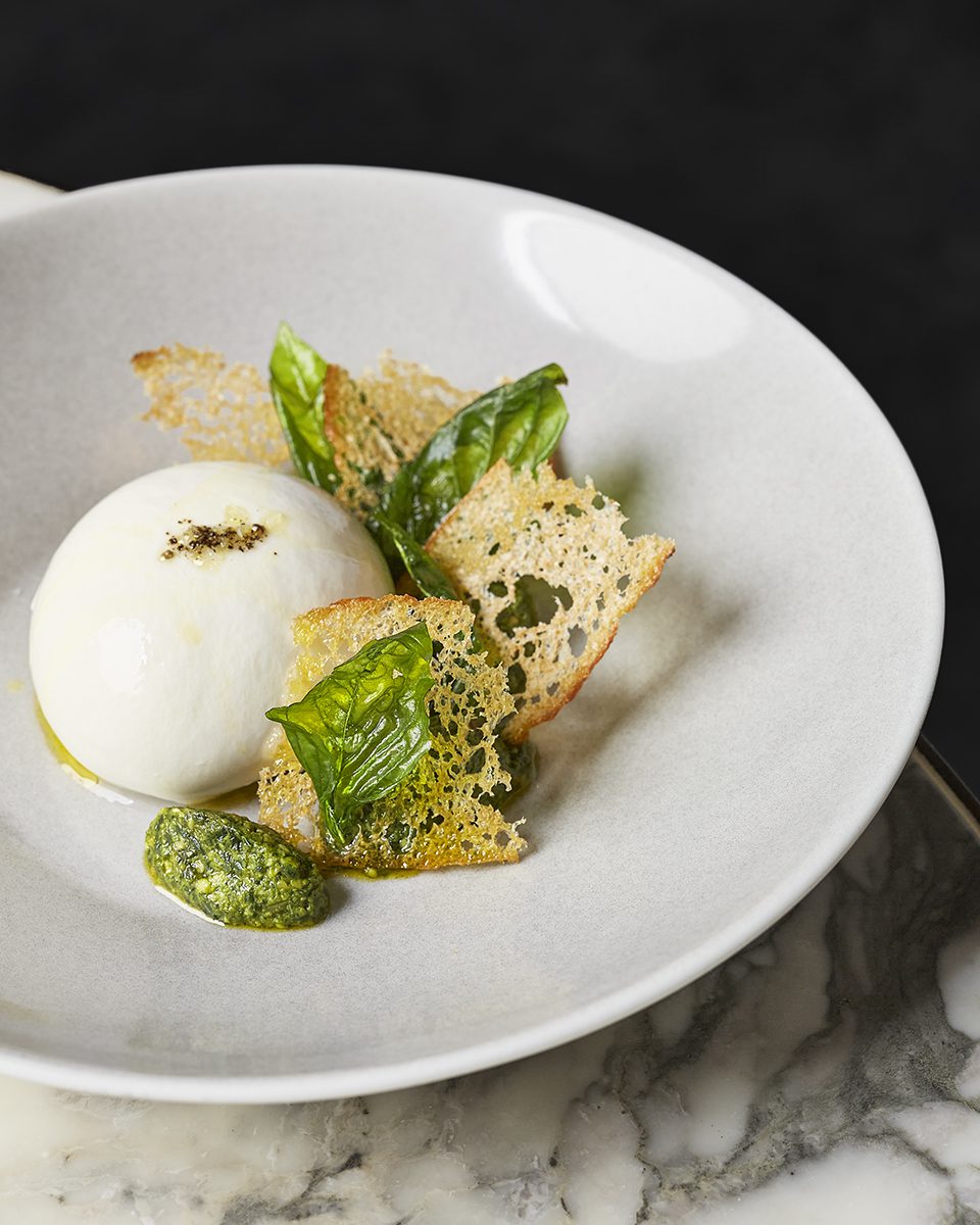 Bancone's Burrata with croutons and nettle and basil pesto