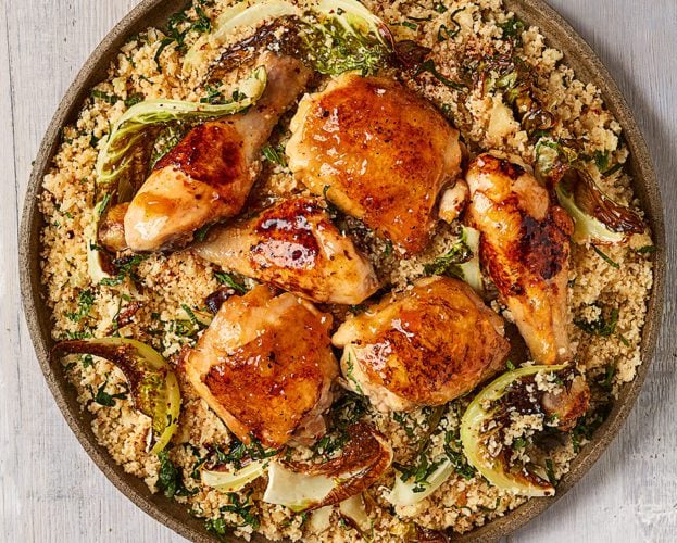 Apricot-glazed chicken with cauliflower cous cous