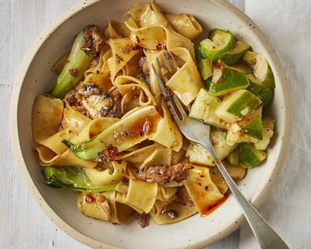 Sardine and chilli oil pappardelle with smacked cucumber