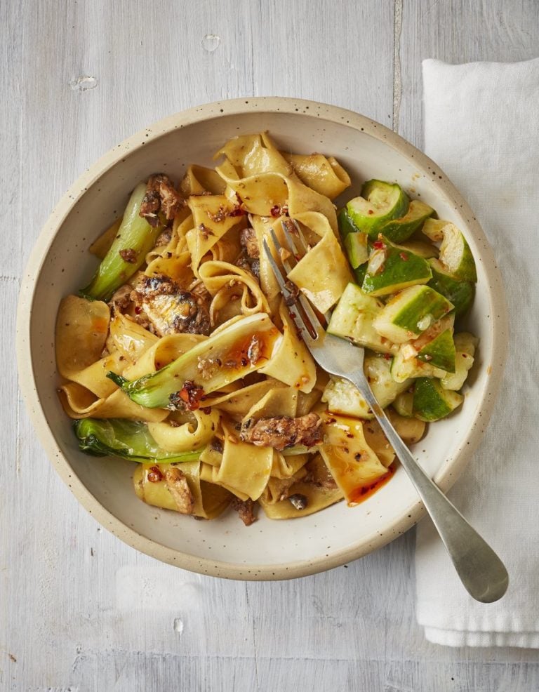 Sardine and chilli oil pappardelle with smacked cucumber