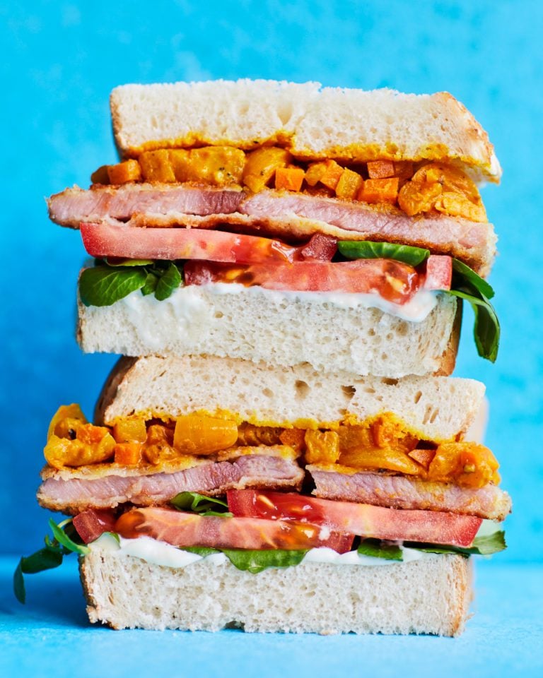 Gammon schnitzel sandwich with pineapple piccalilli