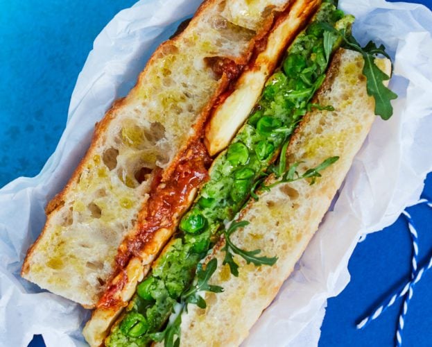 Pea fritter and halloumi focaccia sandwich