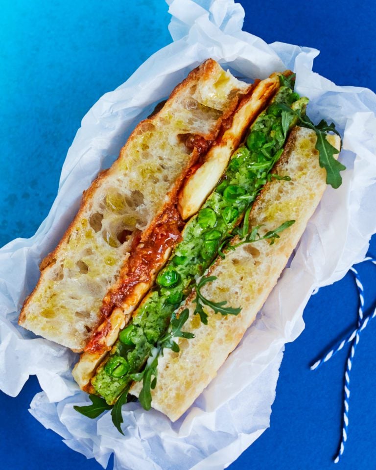 Pea fritter and halloumi focaccia sandwich