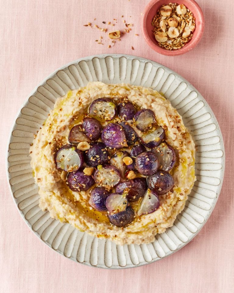 Honey-roast radishes with whipped butter beans and dukkah