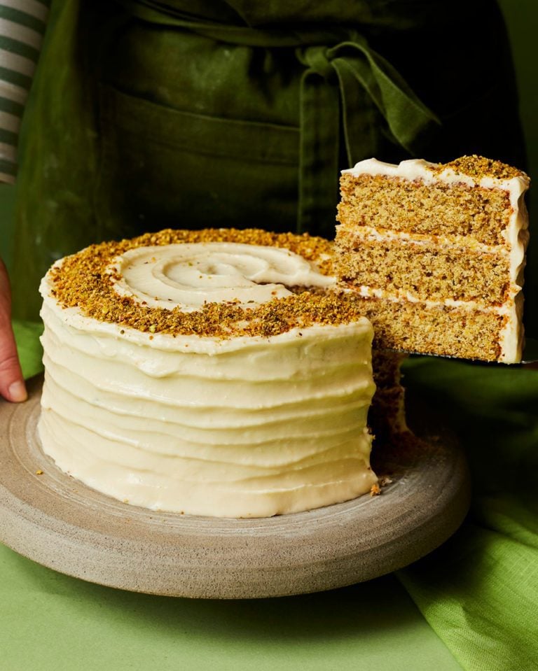 Pistachio layer cake with cream cheese frosting