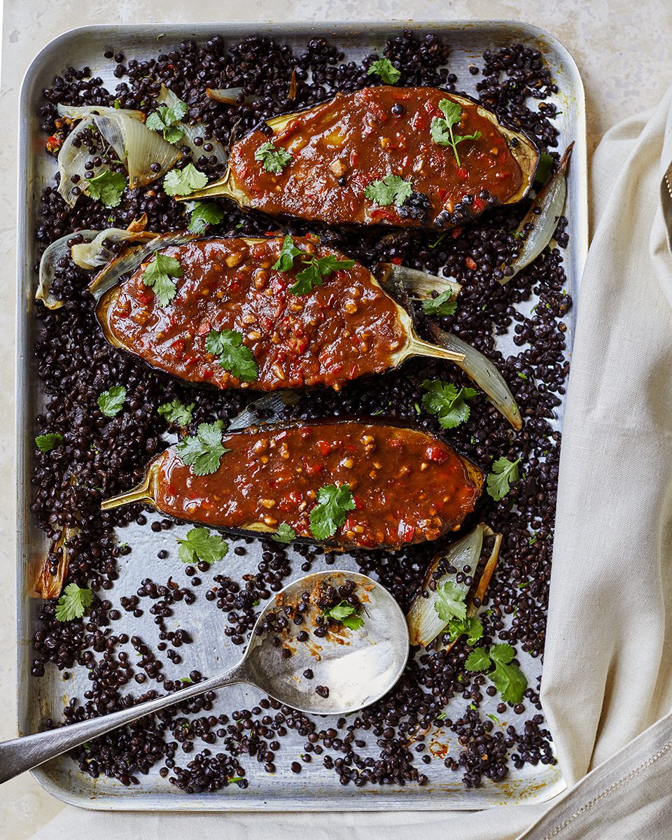 Sticky peanut butter aubergines and lentils delicious. magazine